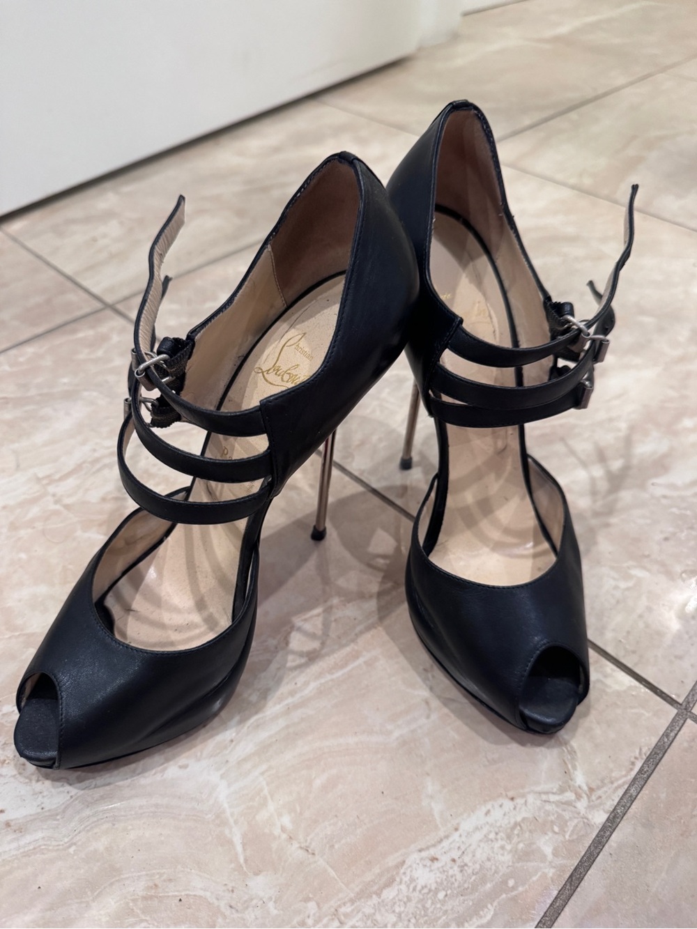 Christian Louboutin Black Peep-Toe Multi-Strap Stiletto Heels